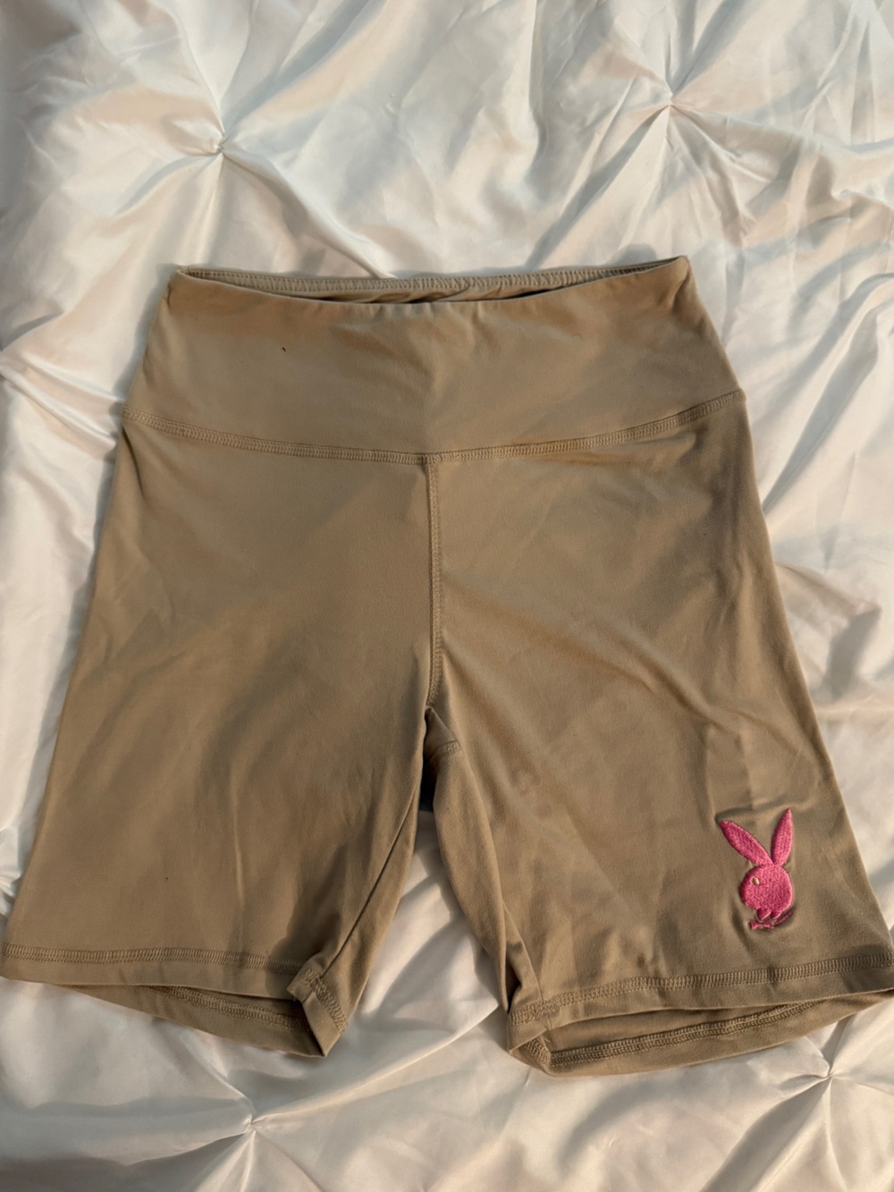 PLAYBOY Beige Bike Shorts with Pink Bunny Logo